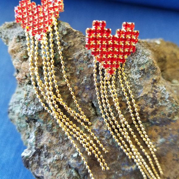 ❤️✨Push-Back Post RED STONES❤️✨HEART Dangling Tassel Earrings❤️✨ - Picture 10 of 11